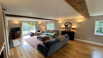 Télévision, cheminée, livres