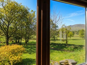 A window view of a lush green landscape with trees and a clear sky. - Puidrac Cottage (Lochearnhead)
