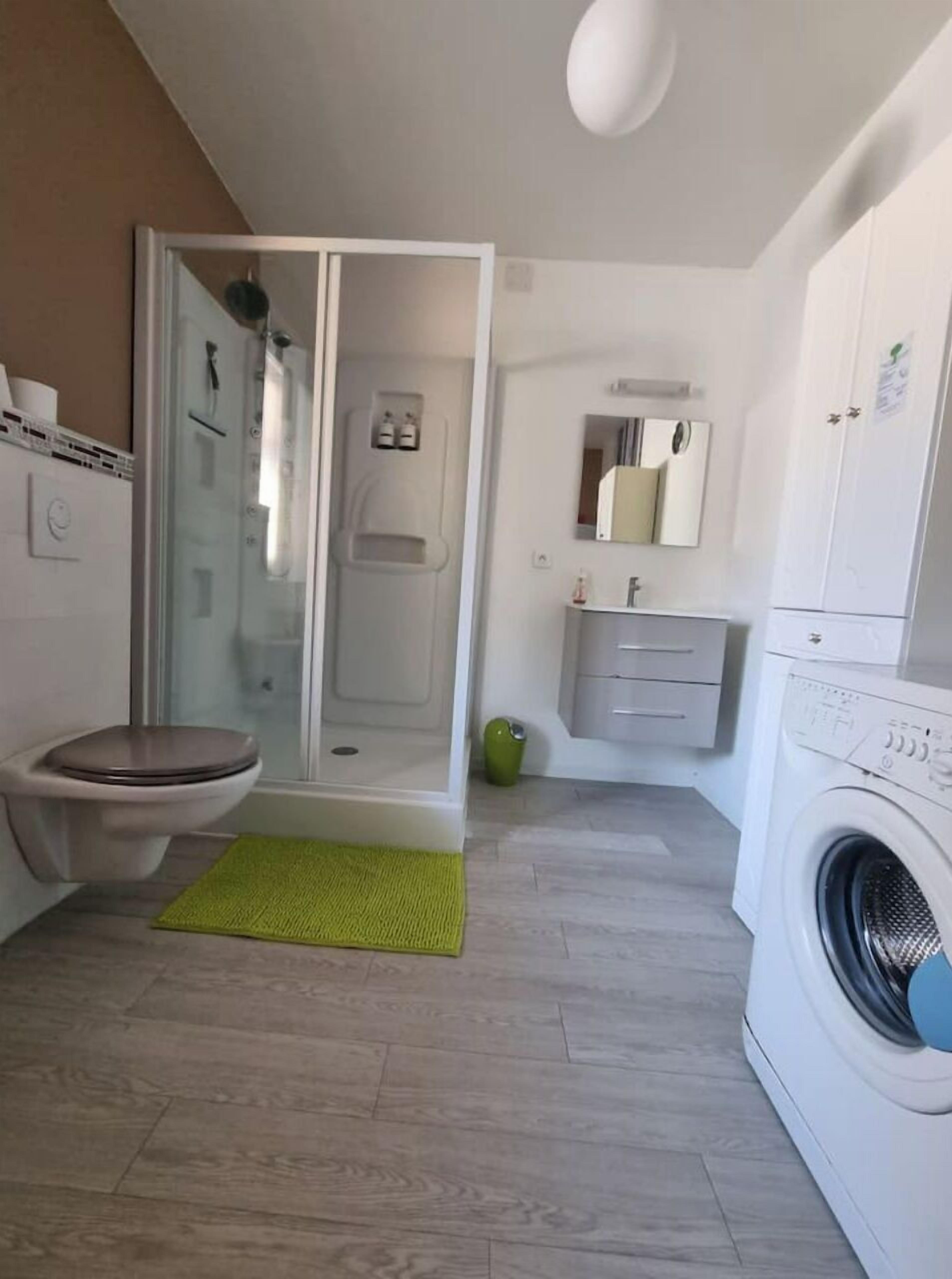 Shower, hair dryer, towels, toilet paper