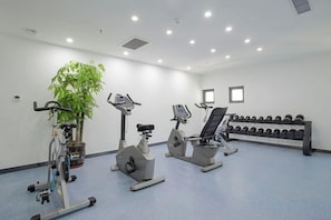 Un gimnasio con equipo de ejercicio, una planta y una fila de pesas.