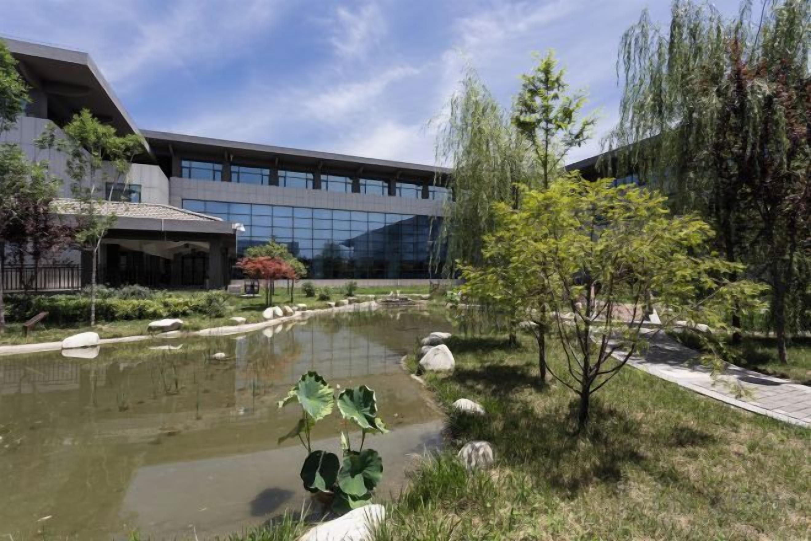 A modern building with a reflective glass facade, a small pond with rocks, and a pathway leading to a covered area.
