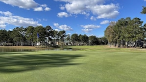 A golf course with a pond, trees, and houses in the background.