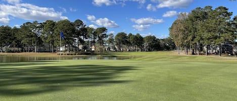 A golf course with a pond, trees, and houses in the background.