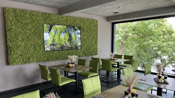 A modern restaurant with green upholstered chairs, a large wall-mounted TV, and a view of trees through the window. - Zweirad Hotel Lenne (Schwerin)