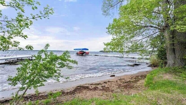 A beach with a boat docked near the shore, surrounded by greenery and a clear sky. - Hydrus cozy 2 bedroom cottage (Kawartha Lakes)