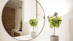 A bathroom with a round mirror, two potted plants, and a brick wall in the background. - Großzügige Wohnung in Berlin Mitte für 6 Gäste (Berlin)