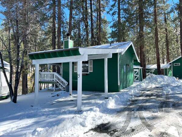 Une petite cabane à un seul étage, à l’extérieur vert et aux bordures blanches, entourée d’un paysage enneigé et d’arbres.