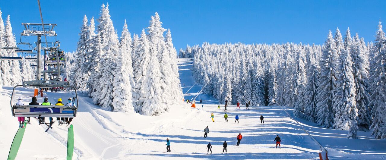Un telesilla con esquiadores descendiendo una pendiente nevada rodeada de árboles cubiertos de nieve.