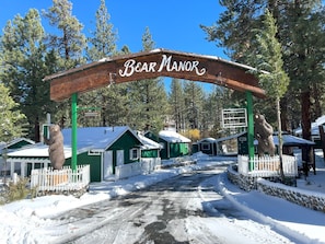 Experience the rustic charm of Bear Manor, where cozy cabins await amidst a serene winter wonderland.