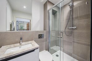 A modern bathroom with a glass shower enclosure, a white sink, and a toilet.