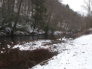 A riverbank with snow-covered ground and trees.