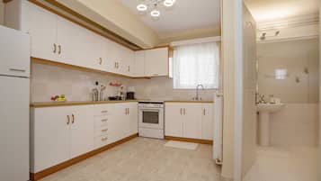 Een koelkast, een oven, een kookplaat, een koffiezetapparaat/waterkoker