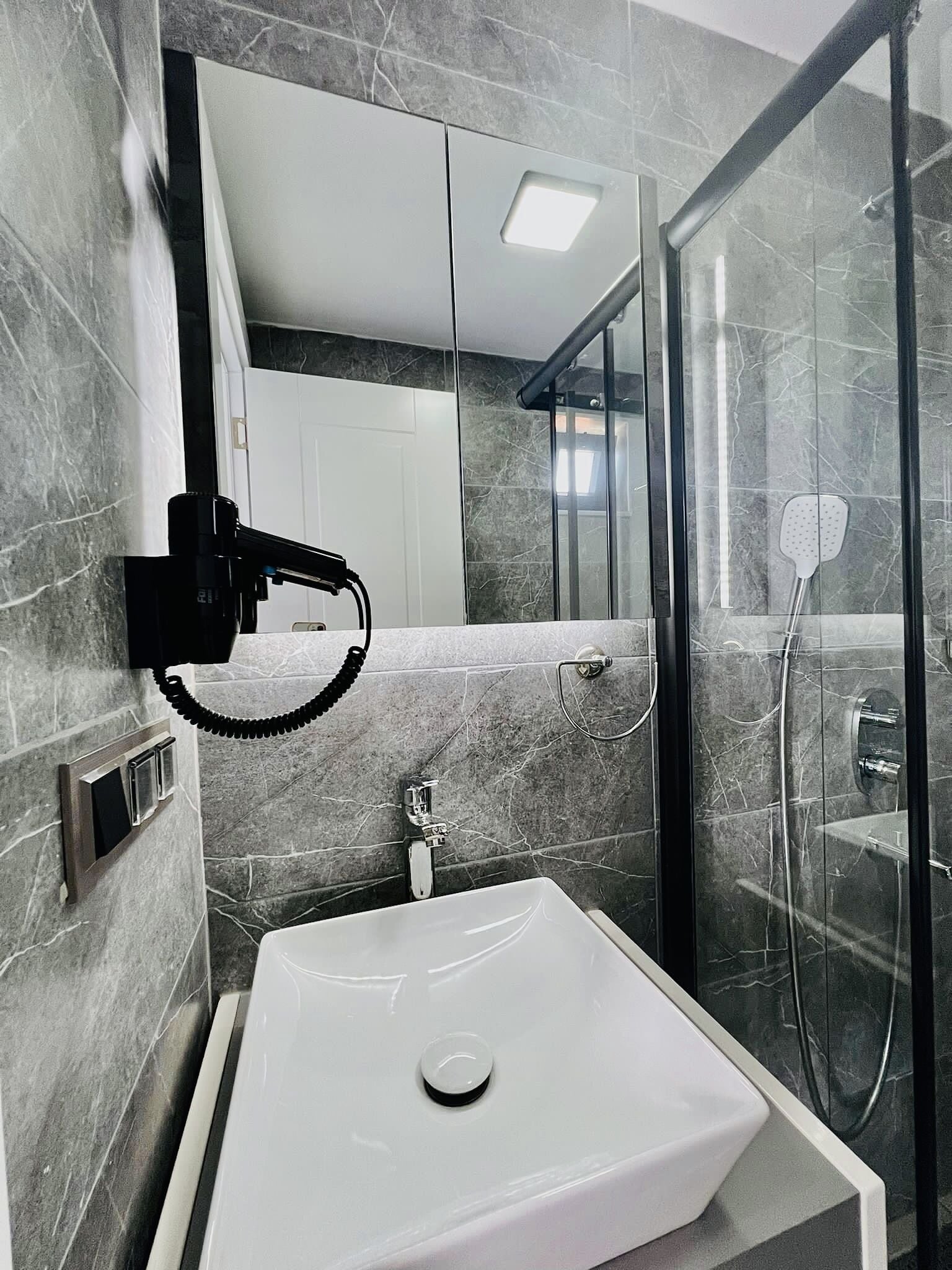 Un baño moderno con un lavabo blanco, un cabezal de ducha de mano y una ducha con mampara de vidrio.