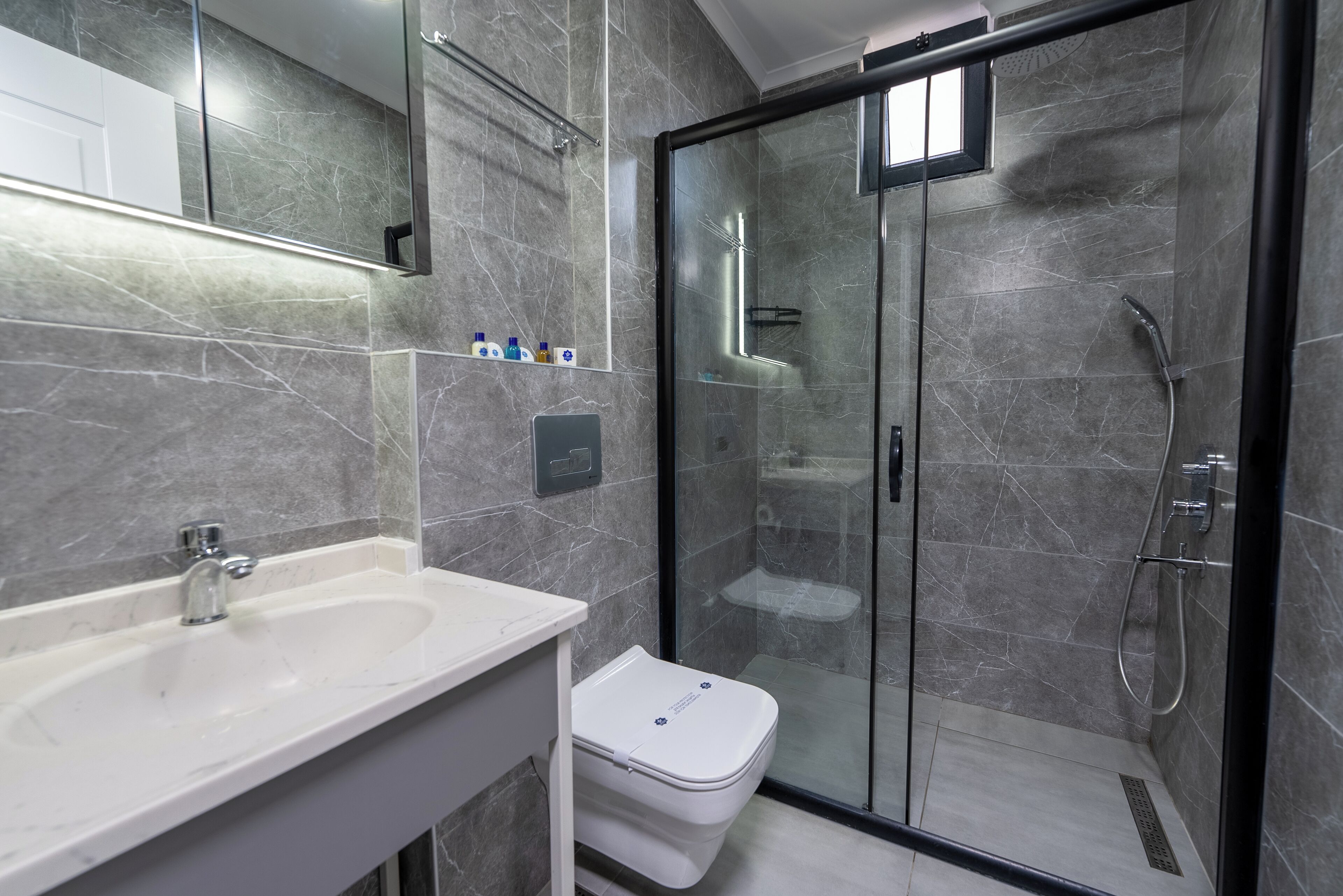 Een moderne badkamer met een douchecabine van glas, een wit wastafel en een toilet.