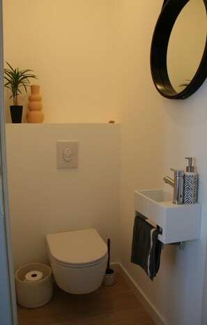 Shower, hair dryer, towels, toilet paper