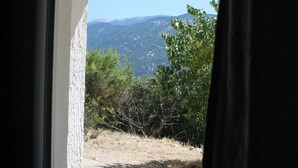 Ein Fenster mit Blick auf eine gebirgige Landschaft und etwas Grün.