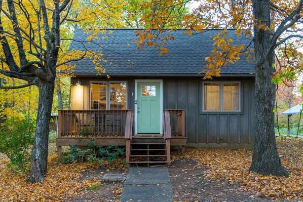A cabin with a front porch, a green door, and a window with a view of the surrounding trees.