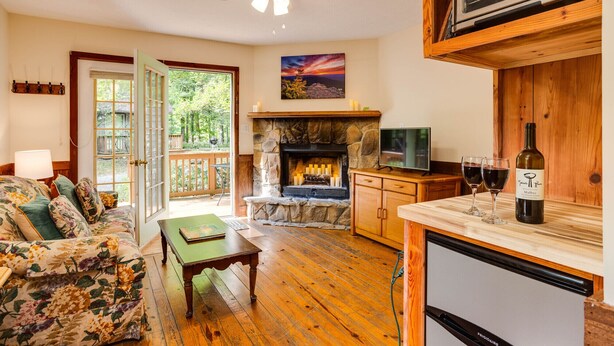 A cozy living room with a fireplace, wooden furniture, a television, and a bottle of wine. - Kennedy Ridge Cabin--1BR, jacuzzi, kitchenette (Lyndhurst)