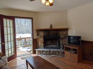 TV, fireplace, DVD player, books