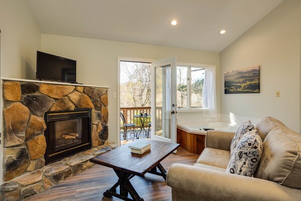 Televisión, chimenea y reproductor de DVD 