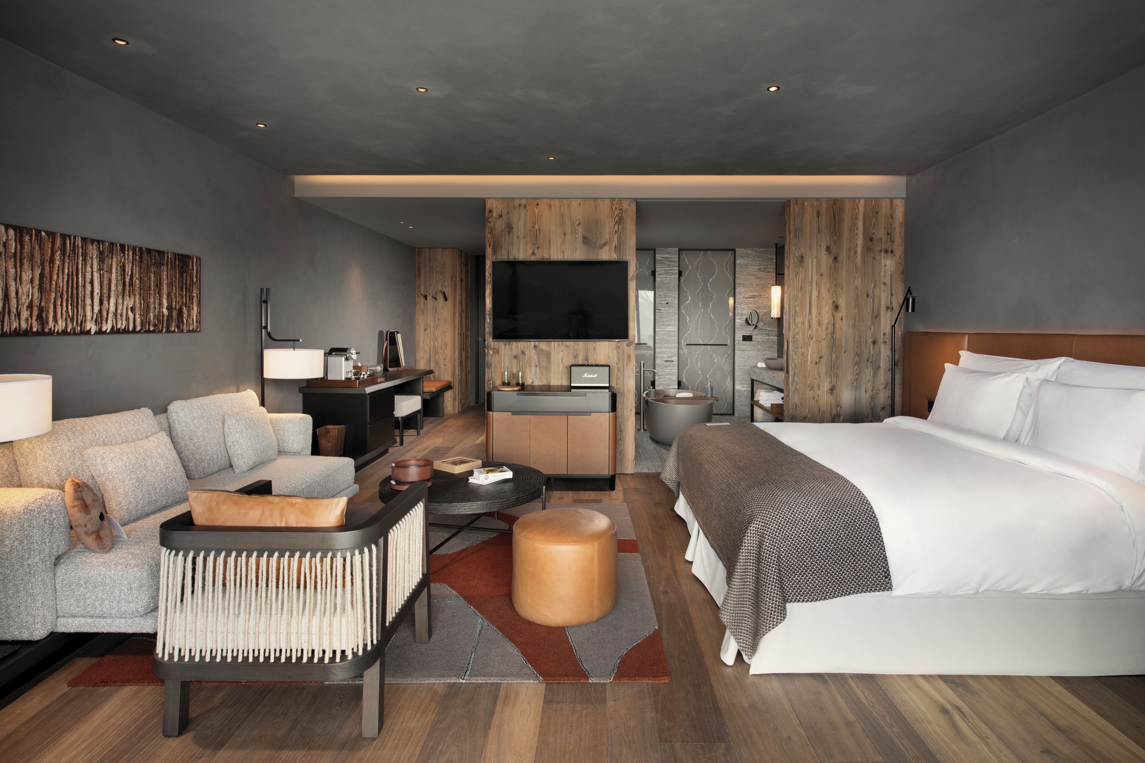 Una habitación de hotel moderna con sofá, cama, escritorio y televisión.