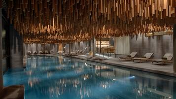 Indoor pool, outdoor pool, pool umbrellas, sun loungers