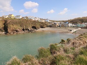Une ville côtière avec des maisons le long de la plage et une plage de rochers.