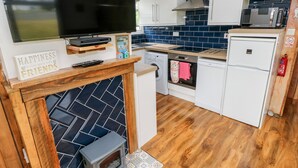 Una cocina compacta con estufa integrada, microondas, lavavajillas y un televisor sobre la chimenea.
