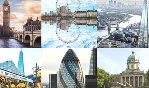 Eine Collage verschiedener Londoner Wahrzeichen, darunter der Big Ben, das London Eye, der Gherkin und der Shard.