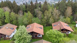 Un ensemble de chalets en bois aux toits recouverts de tuiles rouges, entourés d’une forêt dense. Chaque chalet possède un balcon et une cheminée bien visible.