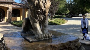 A stone lion statue in a courtyard with a tiled roof building in the background. - Best Choice for Party&Vacation Prestige Big House! (Temecula)