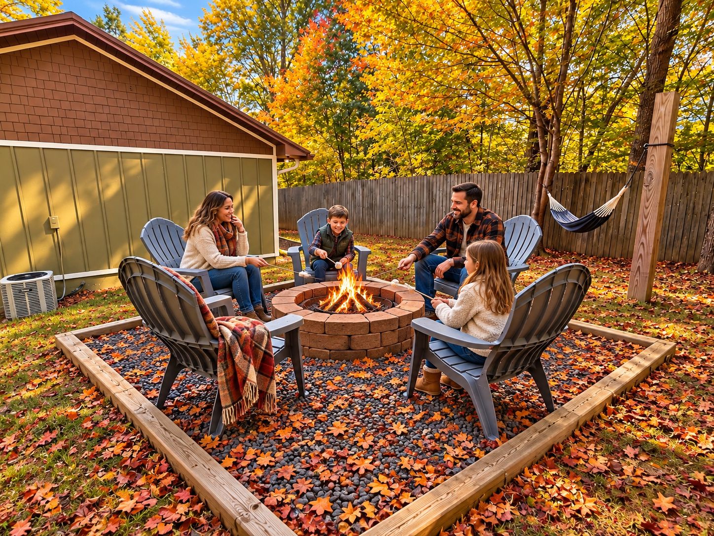 A group of people around a fire pit in a backyard with a wooden deck and a shed in the background.