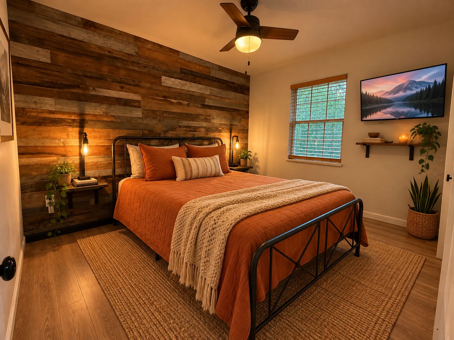 A bedroom with a wooden wall, a bed with orange bedding, a ceiling fan, a window with a view, and a TV on the wall.
