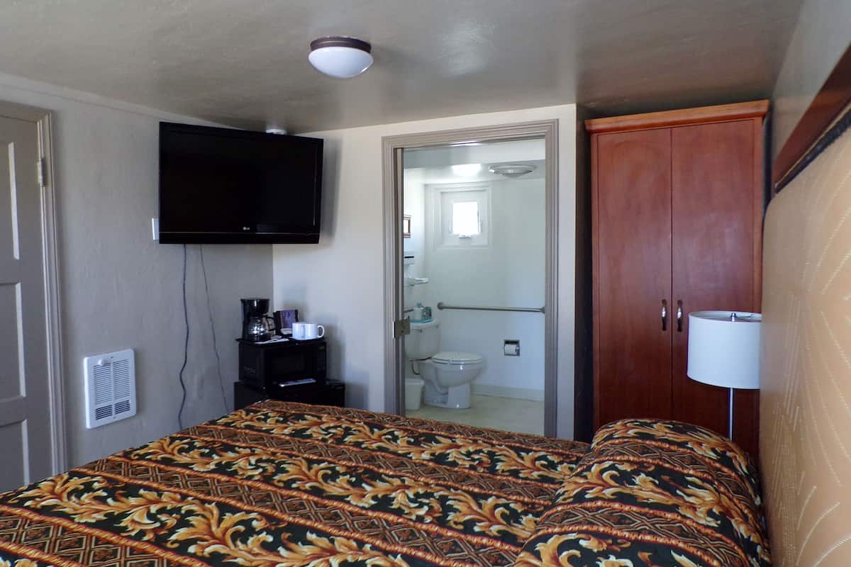 A hotel room with a bed, a television, a microwave, a coffee maker, a bedside table, a wardrobe, and a bathroom visible through an open door.