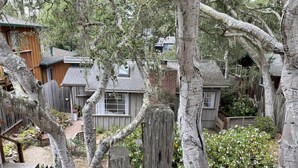 A rustic cabin with a wooden exterior, surrounded by trees and a small garden. - Cozy get-away in Pacific Grove (Pet Friendly!) (Pacific Grove)
