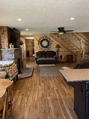 Smart TV, fireplace, video library