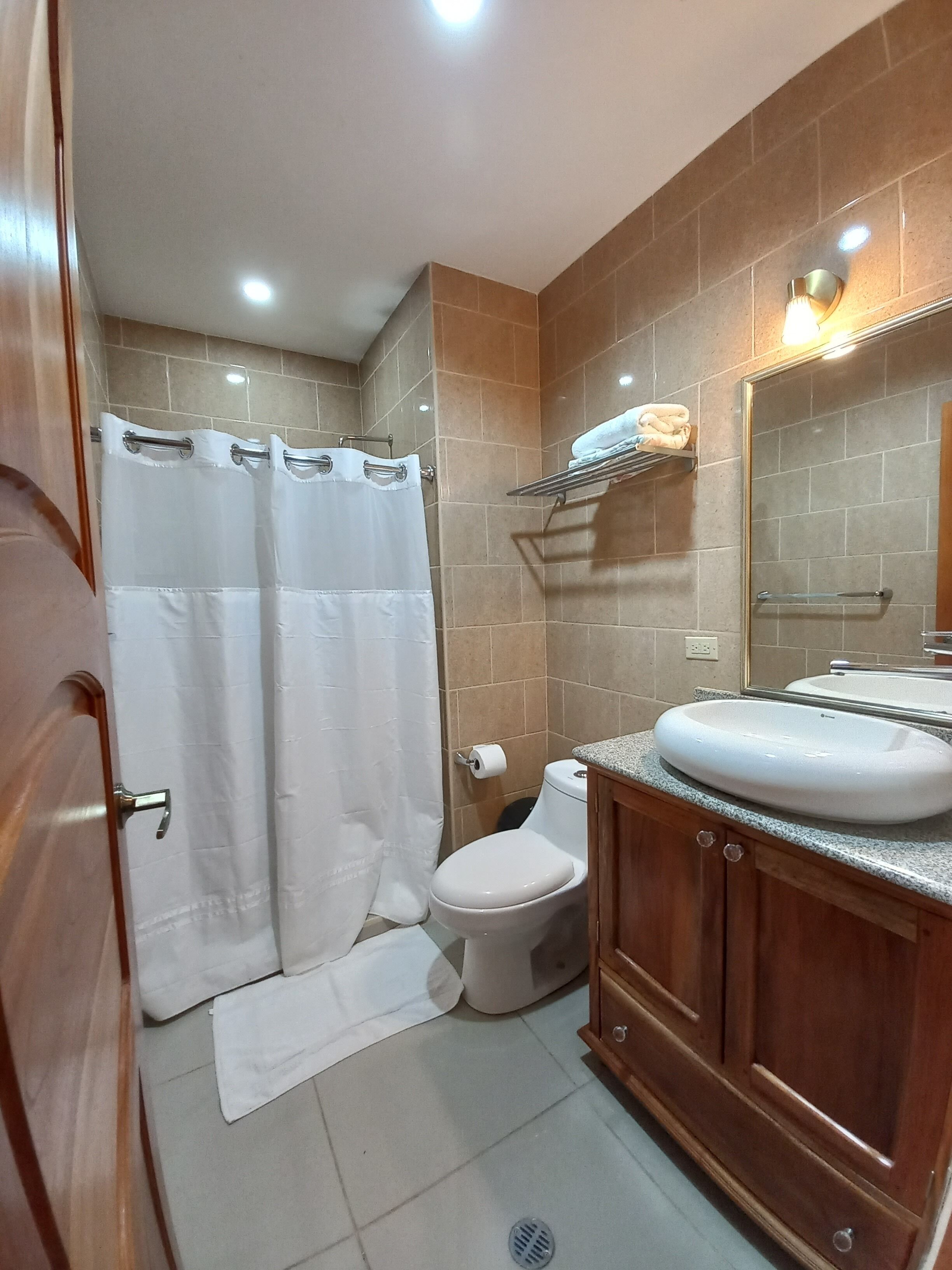 Un baño con ducha, inodoro y lavabo.