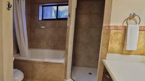 Ein Badezimmer mit Badewanne, Dusche und Toilette.