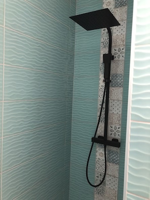 Douche, sèche-cheveux, serviettes fournies, savon
