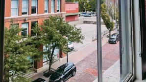 Blick aus einem Fenster auf eine Straße mit einem roten Backsteinhaus, parkenden Autos und Bäumen.