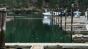A calm lake with a dock and a boat.