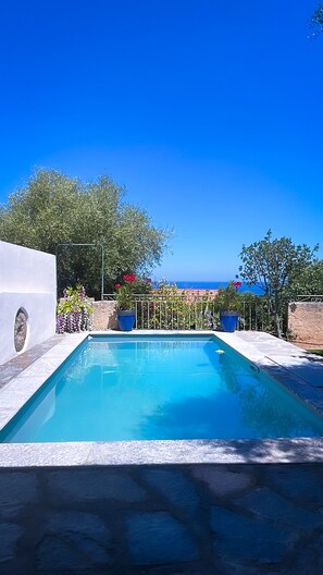 A swimming pool with a clear view of the sea in the background.