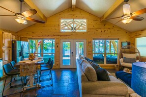 Smart TV, fireplace, books, music library