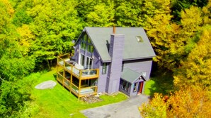 A two-story house with a balcony, surrounded by dense forest.