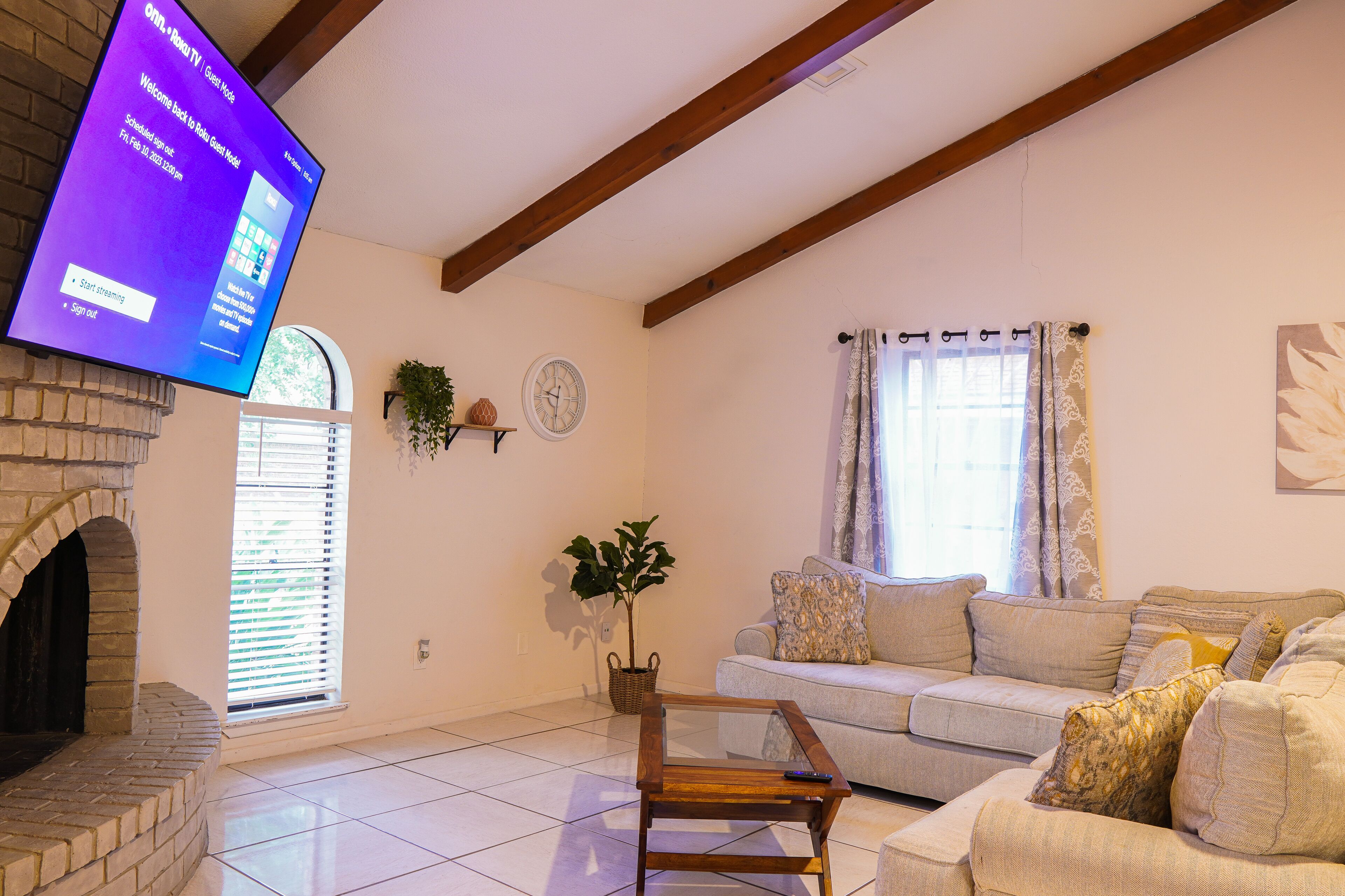 Una sala de estar con chimenea, un sofá, un televisor y una planta en maceta.