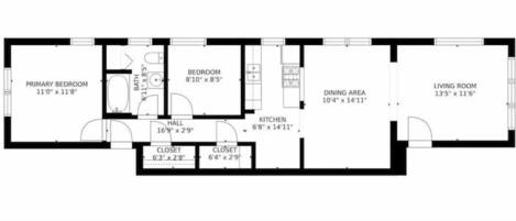 Een plattegrond van een hotelkamer, met een slaapkamer, badkamer, inloopkast, hal, eetgedeelte, keuken en woonkamer.