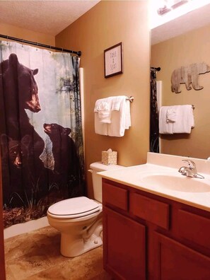 Combined shower/tub, jetted tub, towels, toilet paper