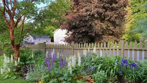 Un jardín con diversas plantas y flores, una valla de madera y una casa al fondo.