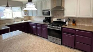 Une cuisine dotée d’un plan de travail en granit, d’appareils électroménagers en acier inoxydable et de meubles de couleur violette.
