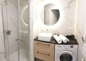 Shower, hair dryer, soap, toilet paper